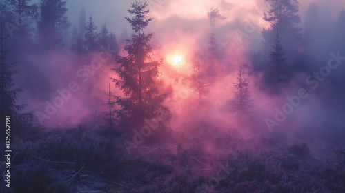 sunrise and fog in the forest