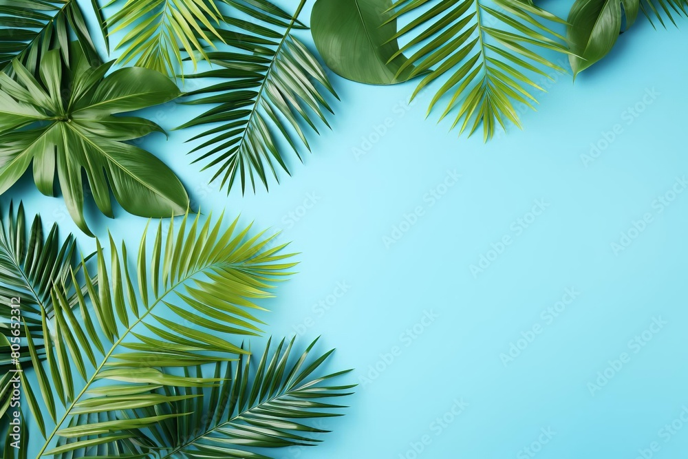 A blue background with green leaves and a green leaf on the right