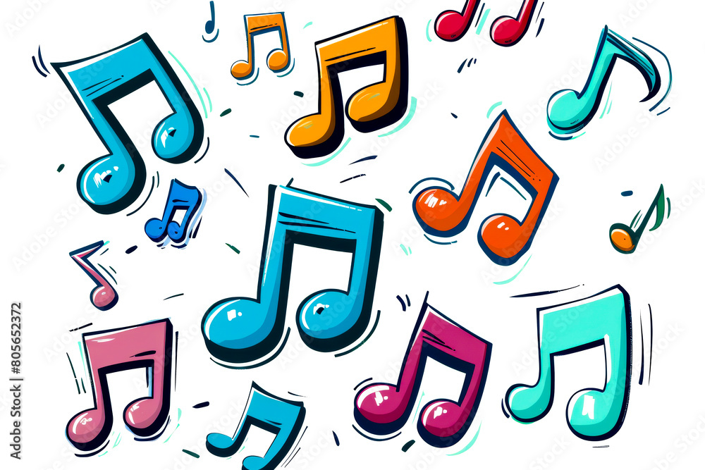 Fototapeta premium A colorful drawing of musical notes with a variety of colors. Concept of creativity and playfulness, as the notes are drawn in different shapes and sizes. Scene is cheerful and lighthearted
