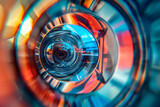 A colorful, blurry image of a spiral with a red, blue, and yellow hue. The spiral appears to be a tunnel or a tunnel-like structure. The colors and blurriness of the image create a sense of movement