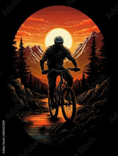 Vintage Biker Embracing Sunset Glow, Vector Graphic
