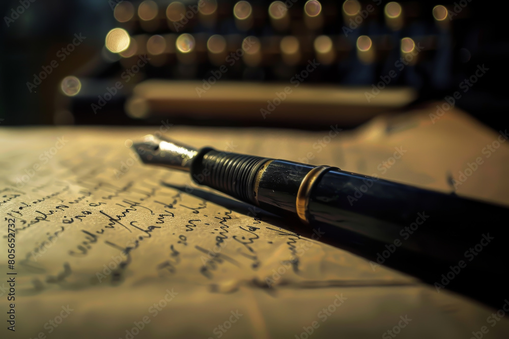 A pen is sitting on a piece of paper with cursive writing. The pen is black and has a gold band around it A pen is sitting on a piece of paper with cursive writing. The pen is black and has a gold band around it