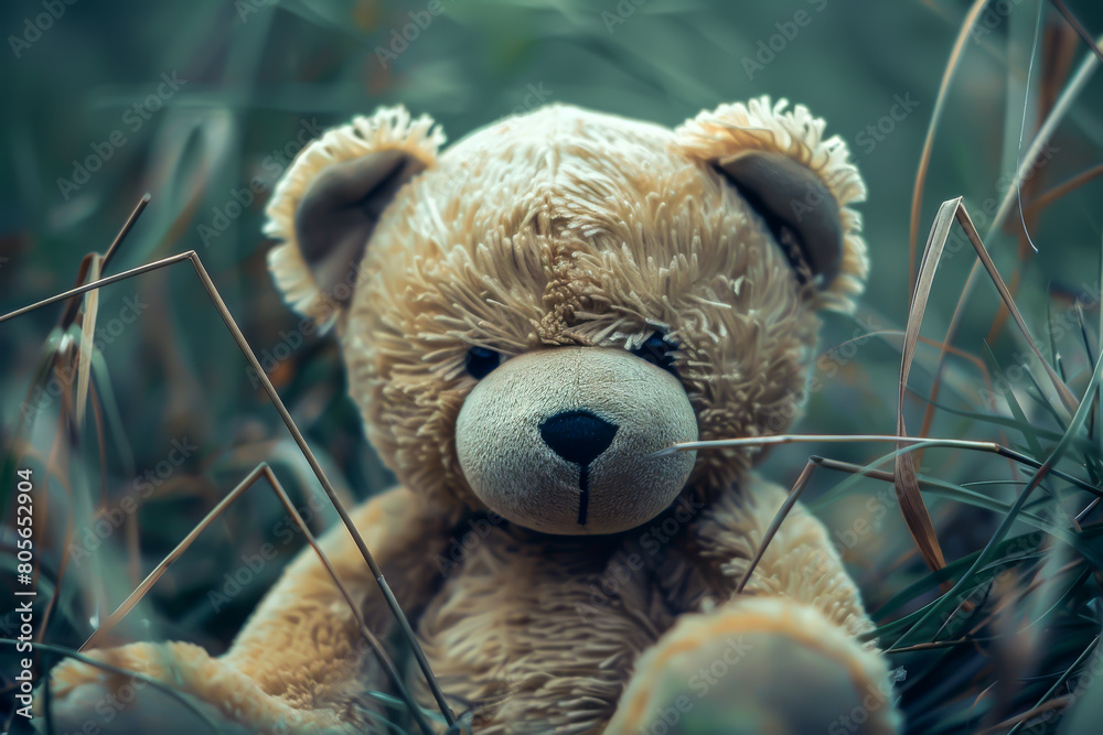 A teddy bear is sitting in the grass, looking sad. Scene is melancholic and lonely A teddy bear is sitting in the grass, looking sad. Scene is melancholic and lonely