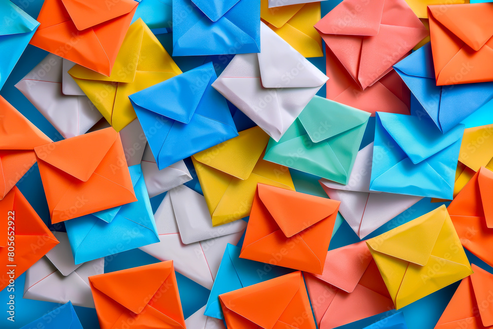 A bunch of colorful envelopes are piled on top of each other. The envelopes are of different colors and sizes, creating a vibrant and lively scene. Concept of excitement and anticipation A bunch of colorful envelopes are piled on top of each other. The envelopes are of different colors and sizes, creating a vibrant and lively scene. Concept of excitement and anticipation