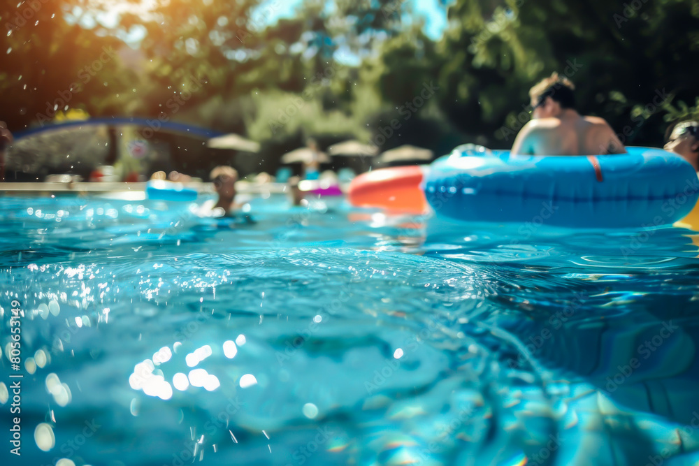 Obraz premium A group of people are in a pool with a blue and red float. Scene is fun and lighthearted