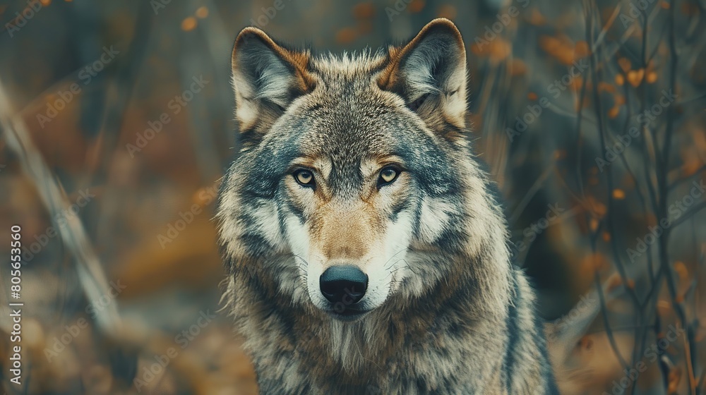 A portrait of a wolf. Grey Wolf (Canis lupus) Portrait, captive animal. AI Generative