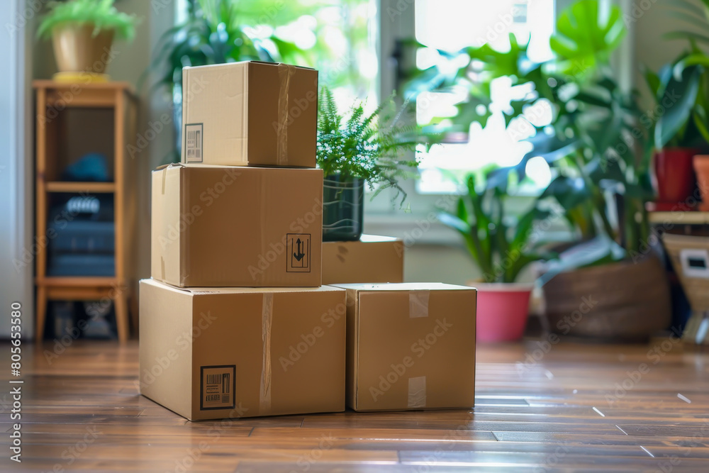 A stack of cardboard boxes is sitting on a wooden floor in front of a window. The boxes are of different sizes and are piled on top of each other. There are also several potted plants in the room A stack of cardboard boxes is sitting on a wooden floor in front of a window. The boxes are of different sizes and are piled on top of each other. There are also several potted plants in the room