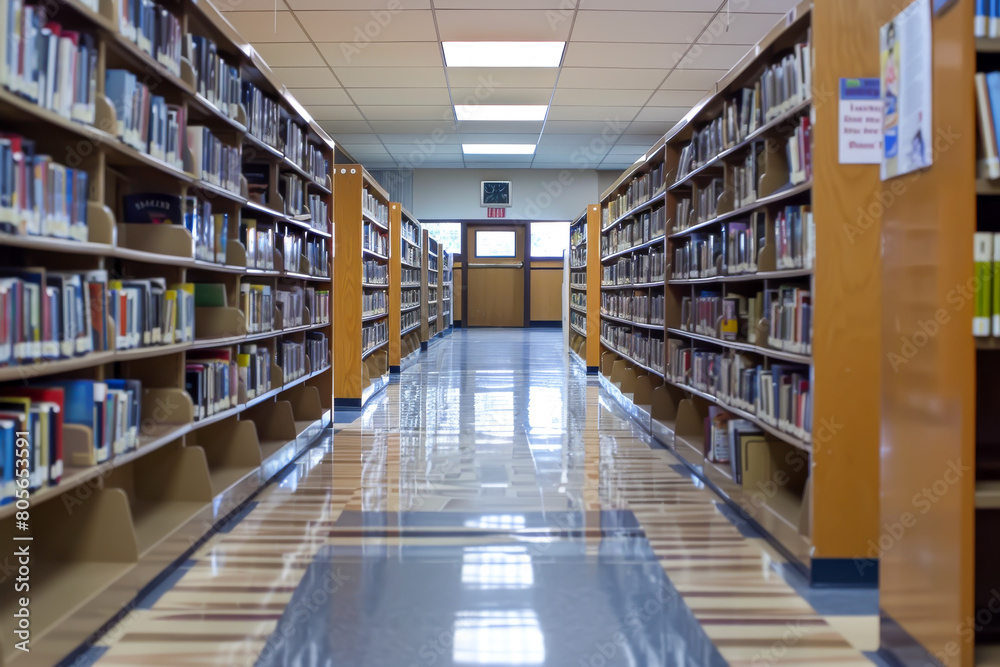 A library with many bookshelves and a long hallway. The bookshelves are filled with books and the hallway is empty