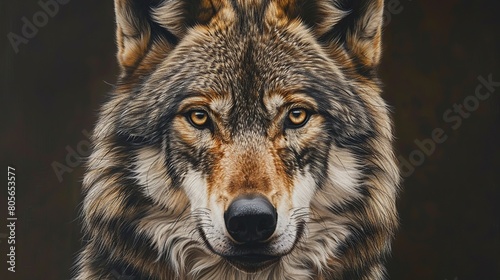 A portrait of a wolf. Grey Wolf (Canis lupus) Portrait, captive animal. AI Generative