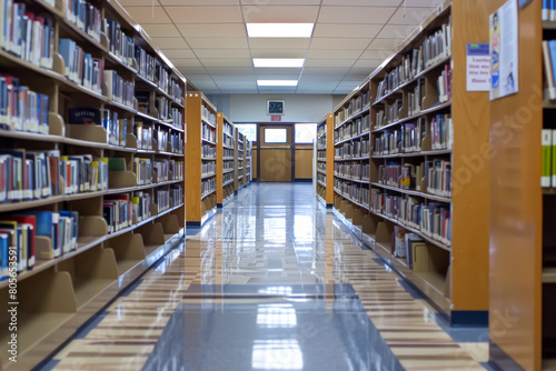 A library with many bookshelves and a long hallway. The bookshelves are filled with books and the hallway is empty