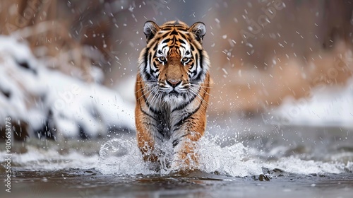 Amur tiger walking in the water. Dangerous animal with river droplet. Wild cat nature. AI Generative