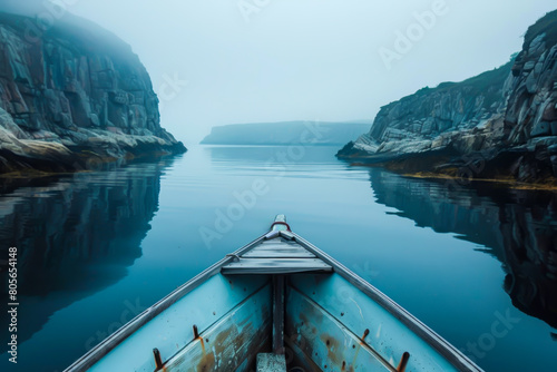 A boat is in the middle of a body of water, with the water reflecting the sky and the boat. Scene is calm and serene, with the boat being the only object in the scene photo