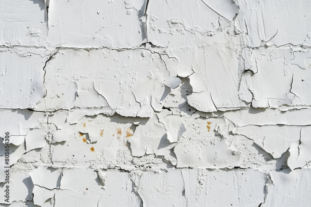The wall is covered in peeling paint and has a rough texture. The white paint is chipping away, revealing the brick underneath. The wall appears to be old and worn, with a sense of decay The wall is covered in peeling paint and has a rough texture. The white paint is chipping away, revealing the brick underneath. The wall appears to be old and worn, with a sense of decay