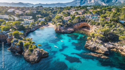Aerial view of the sea coastline and Cala Xinxell, Illetas, Mallorca island, Spain photo