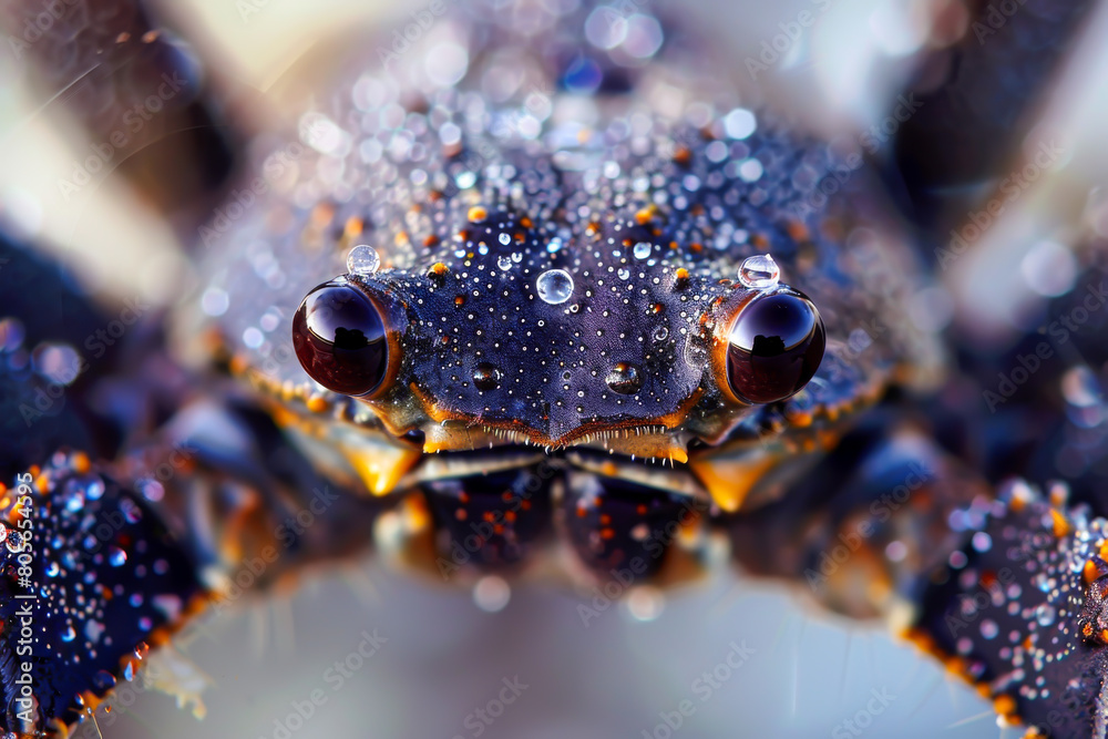 A close up of a crab with its eyes open and water droplets on its face. The crab appears to be in a natural setting, possibly near a body of water. Concept of curiosity and wonder A close up of a crab with its eyes open and water droplets on its face. The crab appears to be in a natural setting, possibly near a body of water. Concept of curiosity and wonder
