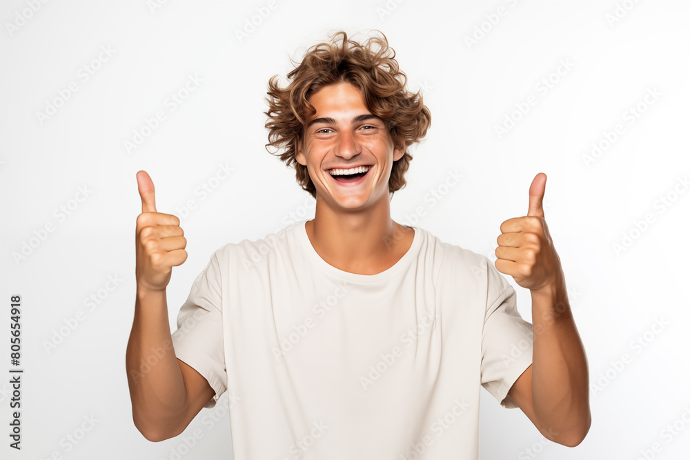 A man in a white t-shirt gives two thumbs up on a white background