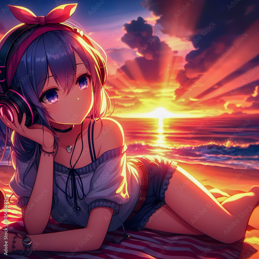 digital art anime style girl lie on the beach wearing headphones vibin to music a beautiful sunset as background