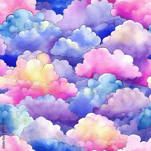Watercolor clouds blue pink sky kids seamless pattern