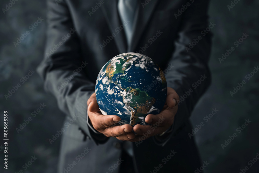 Businessman wearing a suit holding a wooden globe in hand Businessman wearing a suit holding a wooden globe in hand