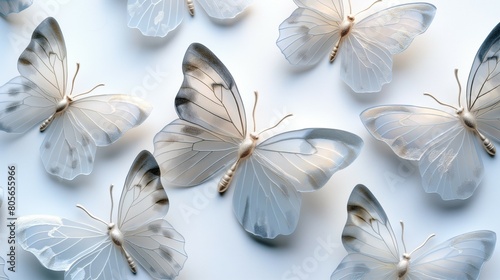 A serene collection of white butterflies with golden details arranged on a white background.	