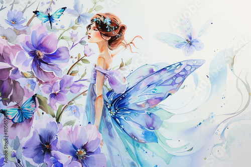 Beautiful young Fairy and flowers with butterfly watercolor oil painting illustration