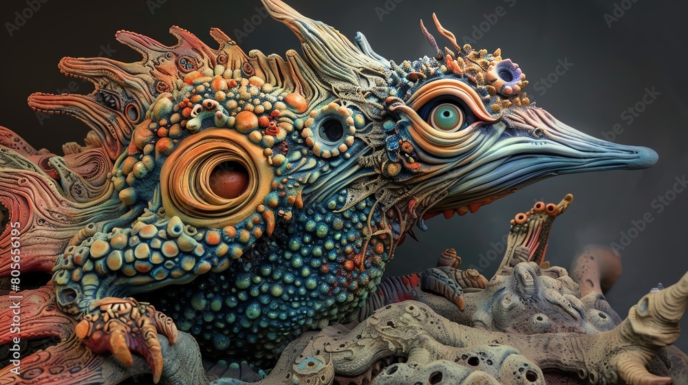Fototapeta premium Craft a clay sculpture of a fantastical, dystopian creature emerging from the depths, viewed from a worms-eye perspective, with intricate details and vibrant colors to highlight the blend of surrealis