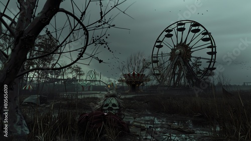Bring to life a sinister carnival at midnight, with twisted circus performers and a looming Ferris wheel against the backdrop of a starless sky, portrayed in a captivating mixture of photorealistic da