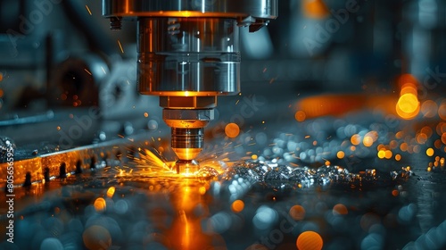 A high-resolution image of a CNC machining process in a darkened room, with the machine's lights casting dramatic shadows and highlighting the meticulous work being done.