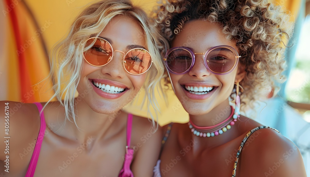 Joyful Friends in Colorful Sunglasses and Summer Attire, Close-Up Portrait
