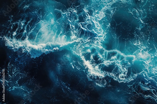 The image is of a large body of water with waves crashing against the shore. The water is a deep blue color, and the waves are white