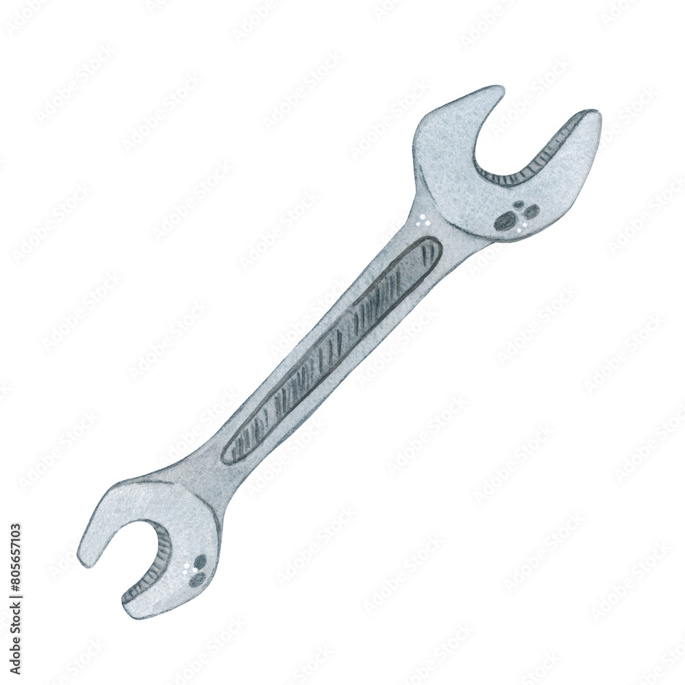 Wrench on a white background. Watercolor illustration in children's style, hand-drawn. Blank for postcards, puzzles, diagrams. Wrench, tool, repair, mechanism, cartoon, children, kids, boy, toys Wrench on a white background. Watercolor illustration in children's style, hand-drawn. Blank for postcards, puzzles, diagrams. Wrench, tool, repair, mechanism, cartoon, children, kids, boy, toys