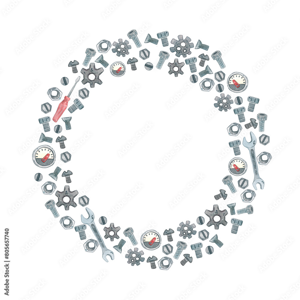 Round frame made of gears, bolts, nuts. Robotics, machines, repair.
Watercolor illustration, hand drawn. Round frame made of gears, bolts, nuts. Robotics, machines, repair.
Watercolor illustration, hand drawn.