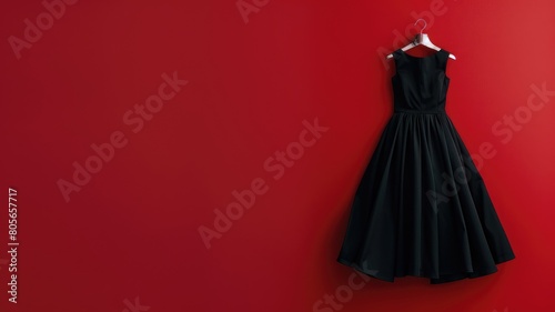 Black dress on hanger against red background