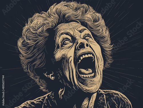 Excited emotional grandma with open mouth. Vintage woodcut engraving style vector illustration.