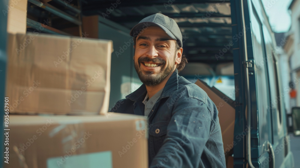 The smiling young delivery man is loading cardboard boxes into the cargo van, and he smiles at me while doing his job with joy. The smiling young delivery man is loading cardboard boxes into the cargo van, and he smiles at me while doing his job with joy.