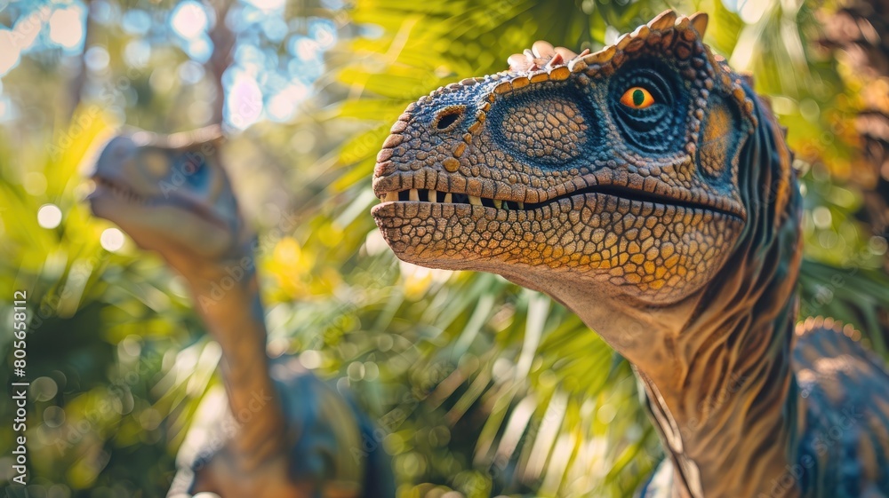 Fototapeta premium Lifelike model dinosaurs among foliage, with focus on head of one dinosaur