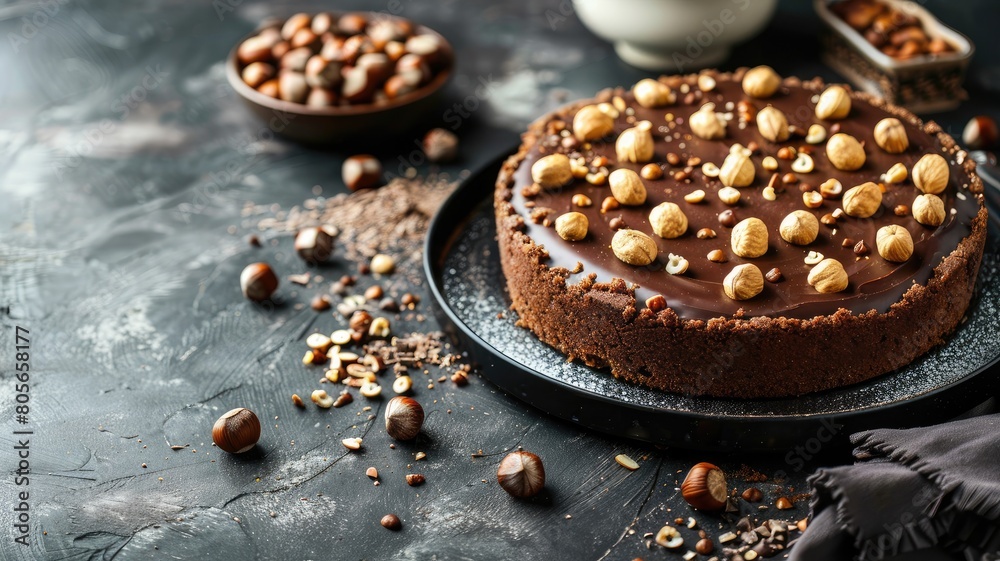 Chocolate cake adorned with hazelnuts on dark surface ingredients around Chocolate cake adorned with hazelnuts on dark surface ingredients around