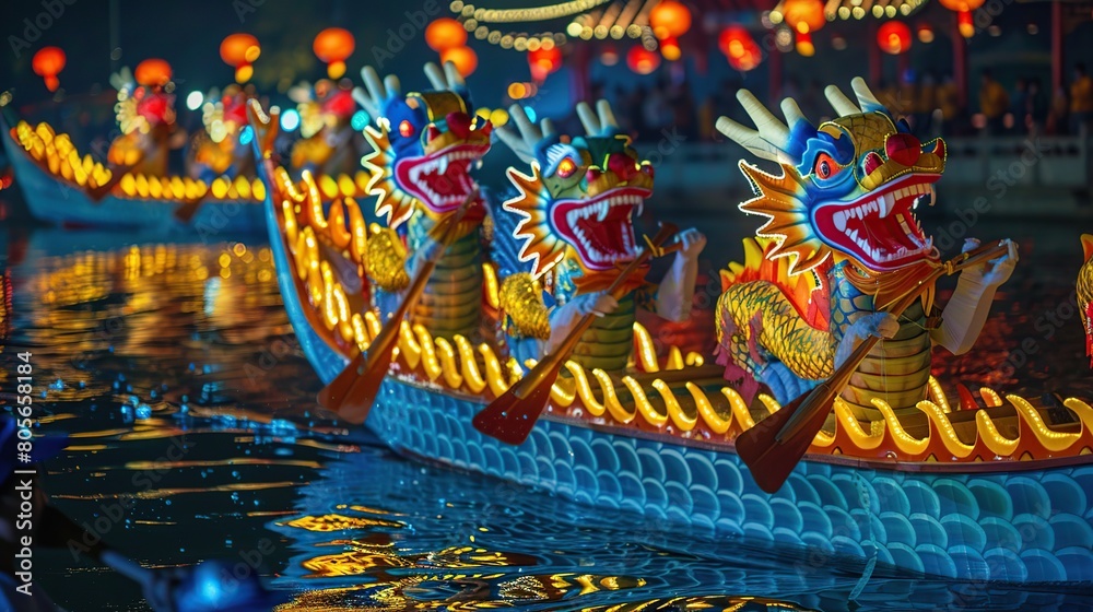 Thrilling Races and Festive Feasts, Dragon Boat Festival Spectacle. Generative Ai