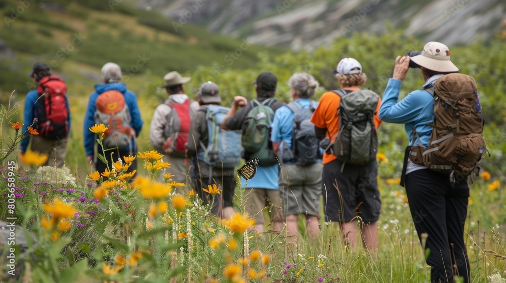 A group of hikers pausing to observe a butterfly resting on a flower a reminder of the delicate balance maintained by the Higgs field.