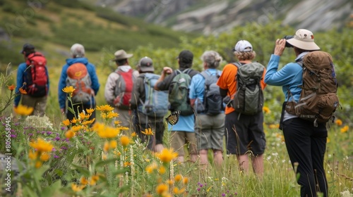 A group of hikers pausing to observe a butterfly resting on a flower a reminder of the delicate balance maintained by the Higgs field. photo