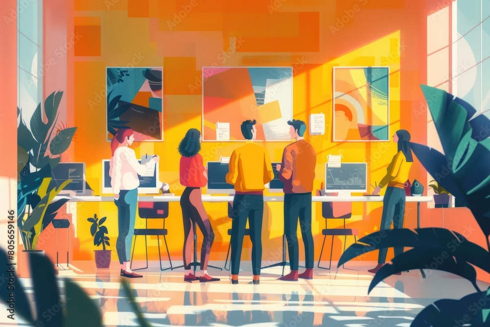 Animated office antics: a whimsical cartoon portrayal of office workers bustling with activity and humor in their workplace setting. Animated office antics: a whimsical cartoon portrayal of office workers bustling with activity and humor in their workplace setting.
