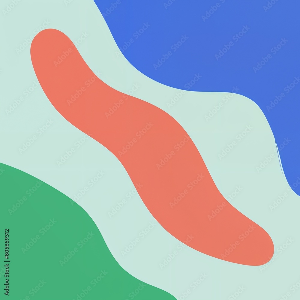 Abstract shapes in shades of green, blue, and coral, bold and slim lines, brush strokes