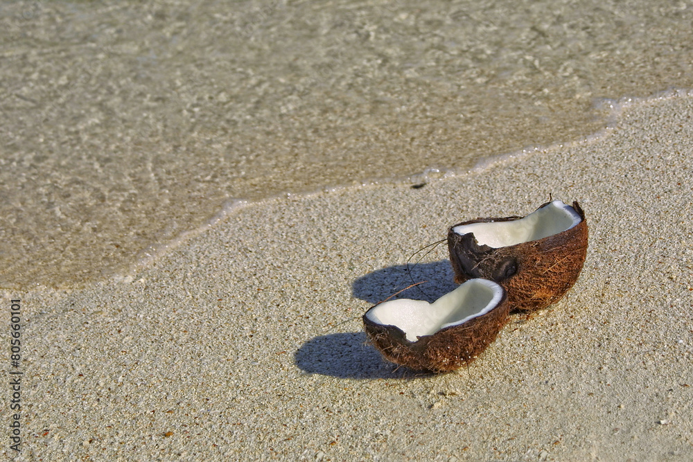 Opened coconut on the sandy beach of tropical island