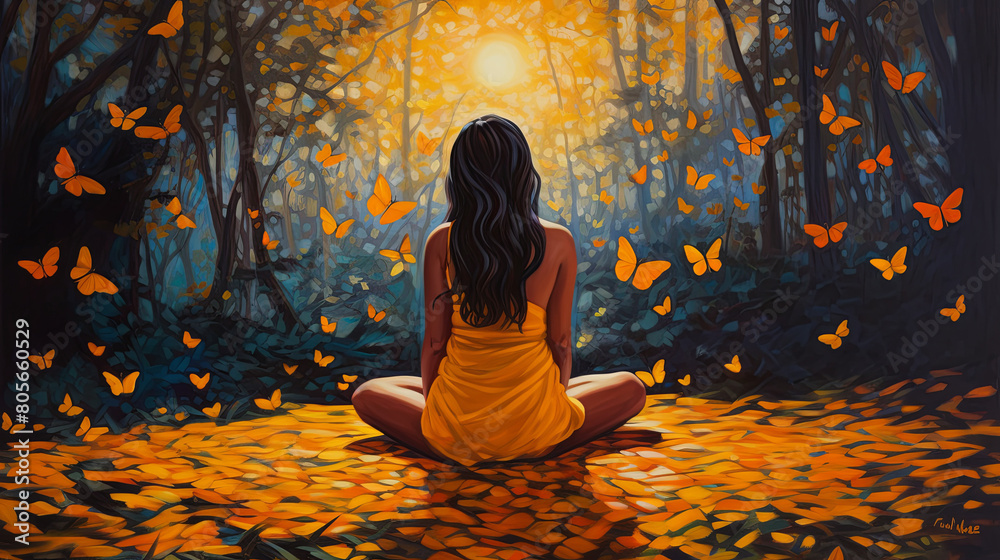 In a serene forest clearing, a young girl sits cross-legged, her eyes ...