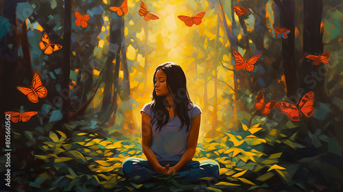 In a serene forest clearing, a young girl sits cross-legged, her eyes closed in meditation, surrounded by vibrant butterflies dancing around her, shafts of golden sunlight filtering through the trees, © Ruslan