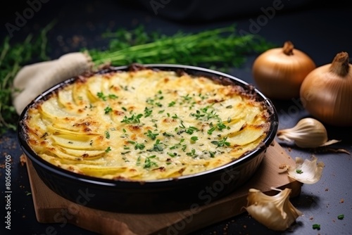 Aromatic potato gratin topped with melted cheese and herbs, ready to serve. Creamy Potato Gratin Delight
