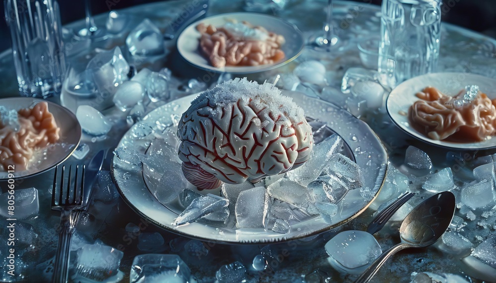 Fototapeta premium A brain placed on an icefilled plate at a surreal dinner table, surrounded by frozen cutlery