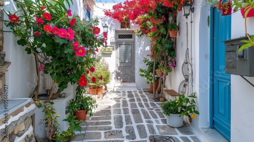 Naxos, Greece, May 20, 2017: Typical Greek street with summer flowers. Naxos island. Cyclades. Greece