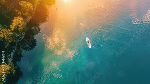 An aerial perspective of a boat peacefully floating on a serene lake, creating a perfect circle in the calm water below, with the horizon and atmospheric phenomenon enhancing the beautiful landscape © Summit Art Creations
