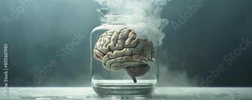 A digital art piece showing a brain in a glass jar filled with liquid nitrogen, mist flowing over the rim photo